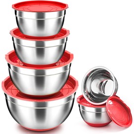TeamFar Mixing Bowls, Red Mixing Bowls with Lids Set, Stainless Steel Nesting Salad Bowl with Air-tight Lid & Silicone Bottom, Non Slip & Stackable - Set of 6-4.6/2.6/2 / 1.5/1 / 0.7 Qt