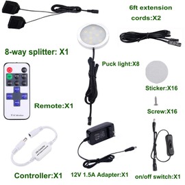 AIBOO Kitchen Under Cabinet Lighting LED 12Vdc 8 Pack Black Cord Aluminum Puck Lights for Counter Closet Furniture Shelf Lighting Dimmable with RF Wireless Remote Control(2700K Warm White)