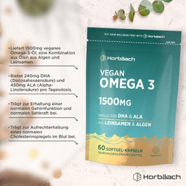 Horbaach Omega 3 Vegan High Dose of Algae Oil 1500 mg | 60 Capsules with ALA, EPA and DHA per Serving