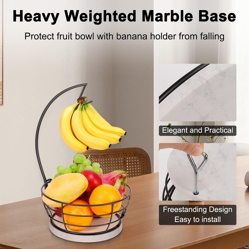 Livabber Countertop Fruit Basket Bowl with Banana Hanger, Modern Standing