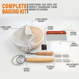 Sourdough Bread Starter Kit – 9 Inch Round Banneton Proofing Basket with Liner, Whisk, Bread Lame, Scrapers – Bread Proofing Basket for Sourdough Baking – Indonesian Rattan