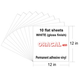 12"x12" White Permanent Adhesive Backed Vinyl Sheets, 10 Pack Glossy White Oracal 651 Vinyl for Indoor/Outdoor Marking, Lettering, Decorating, Signs, Decals, Window Graphics for Cricut, Silhouette...