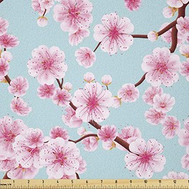 Ambesonne Cherry Blossom Fabric by The Yard, Inspirational Seasonal Flower Garden Arrangement in Pastel Color, Stretch Knit Fabric for Clothing Sewing and Arts Crafts, 2 Yards, Blue Redwood