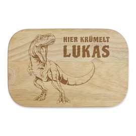 Personalisiertes Frühstücksbrettchen "Dinosaurier" Motiv, Ihr Text mit Laser in Gummibaum Hartholz eingebrannt, 23x15cm, Geschenk für Kinder