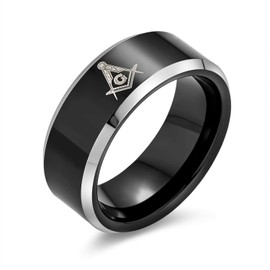 Mens Black Freemason Masonic Tungsten Comfort Fit Wedding Ring Band Beveled Edge 8mm