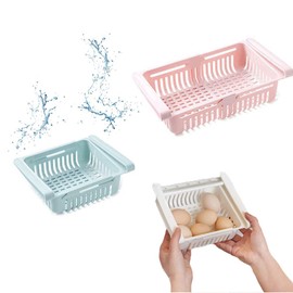 WDDP 3-Piece Set Extendable Fridge Organiser, Fridge Drawer Organiser, Adjustable Storage Shelf Fridge, Extendable Refrigerator Drawers, for Fridge, Table Top (White/Blue/Pink)