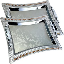 MARO MEGASTORE (Pack of 2 14.1 inch x 10.2 inch Star Shape Chrome Plated Serving Tray with Handles Floral Engraved Decorative Holiday Wedding Birthday Dessert Snack Wine Platter Plate Party NC-239