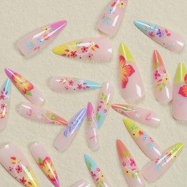 BQZQPAMZ 24PCS Flower French Press on Nails Pink Floral Medium Almond Shape Fake Nails Spring Leaves Glue on Nails Full Coverage Acrylic Nails for Women DIY Blue Yellow Orange Green Nail Art Supplies