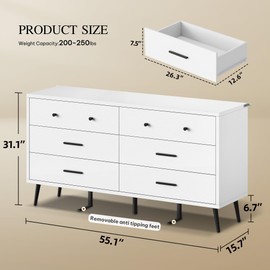 DWVO White 6 Drawers Dresser/Modern Wood Dresser Chest of Drawers with Black Metal Handle＆Anti-Tipping Device/Modern Double Storage Cabinet for Entryway/Living Room-15.7" Dx55.1 Wx31.1 H