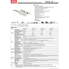 Mean Well USA PCD-25-350A Power Supply; AC-DC; 58V@0.35A; 90-135V In; LED Driver; Constant Current; PCD Series (Nonreturnable)
