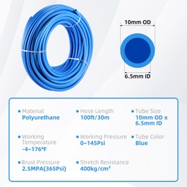 NORJIN 100ft 10mm OD 6.5mm ID Polyurethane PU Air Hose Pipe Tube Kit - Air Line Tubing and Push to Connect Fittings