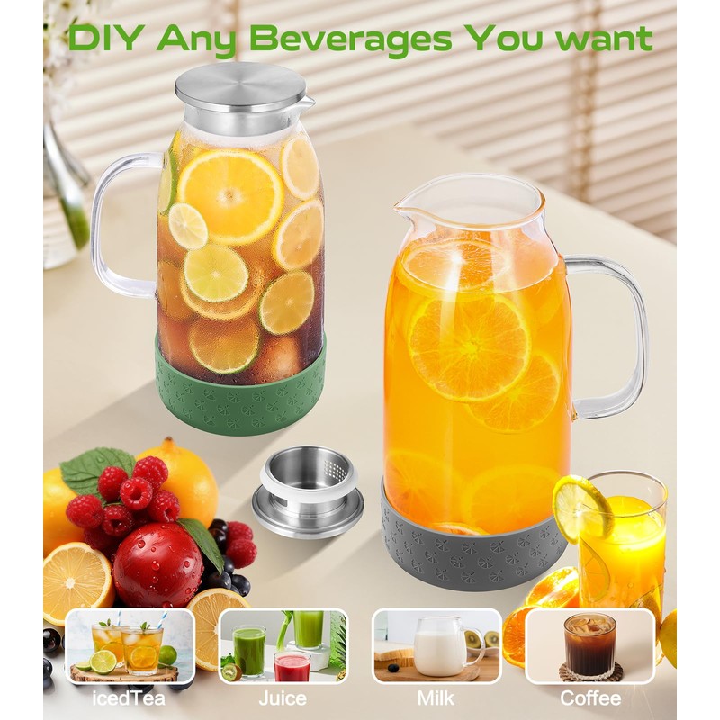 Glass Pitcher with Lid, ZBUFAN 68oz/2 Liter Glass Water Pitcher