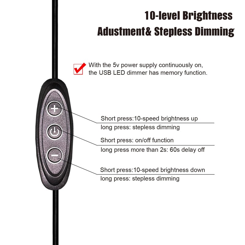 GXILEE 5V USB LED Dimmer Switch, 10-Speed Dimming, Female to