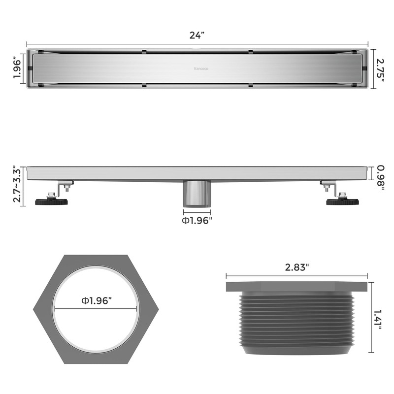 VANCOCO Linear Shower Drain 24 Inch, Brushed 304 Stainless Steel
