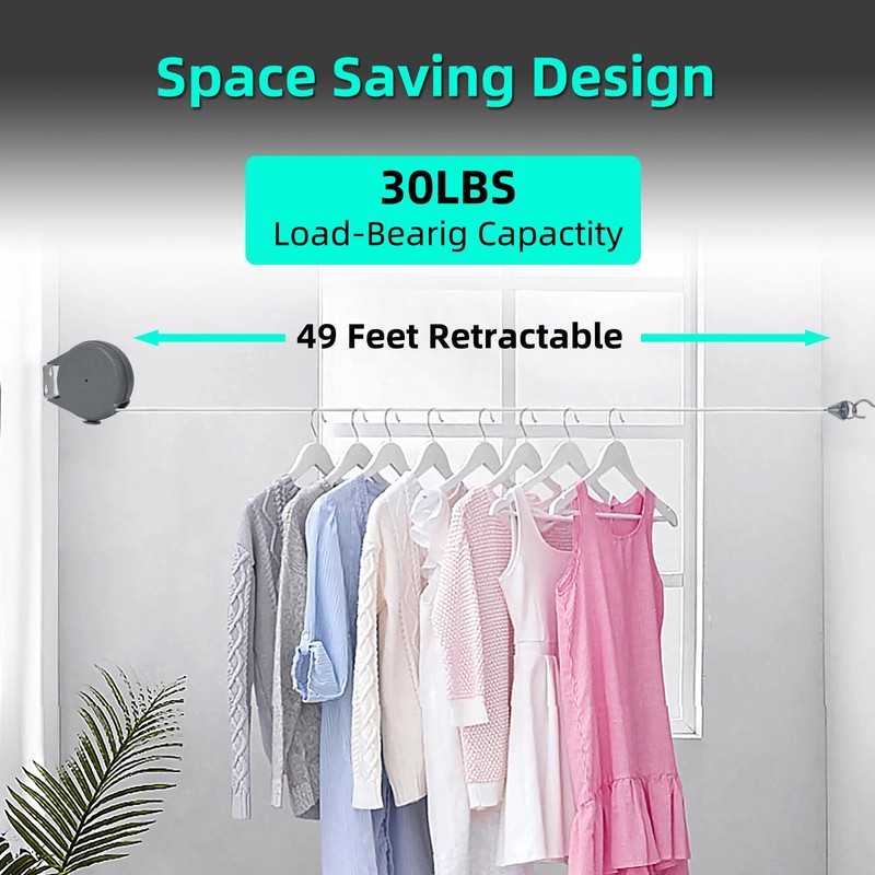 Retractable Clothesline - Heavy Duty Laundry Line with 12 Wood