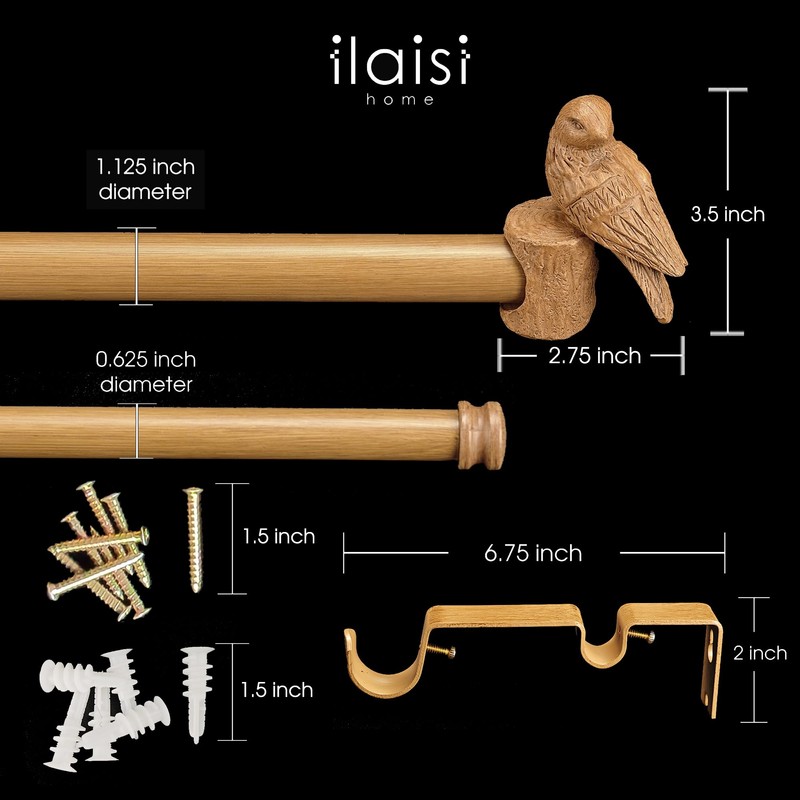 ILAISIHOME 1-1/8 Inch Diameter Faux Wood Curtain Rod with Bird