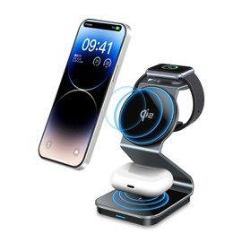 3-in-1 Wireless Charger, 15W Fast Charging, MagSafe, Simultaneous Charging for 3 Devices, Heat Dissipation Holes, Type-C Cable Included, Instruction Manual Included, Type-C Power Supply, Compatible