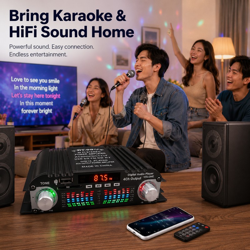Bluetooth HiFi Stereo Amplifier for Karaoke – 4-Channel Audio Amp