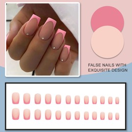 Press On Nails Square Short, Pack of 24 Nude Pink French Artificial Nails with Rhinestones, Artificial Nails for Sticking Acrylic Square Fingernails Fake Nails Short for Women Girls