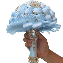 Gkvszy Light Blue Gold Brooch Wedding Bridal Bouquet for Bride Bridesmaid Quinceanera with Bling Rhinestone Pearl Satin Rose Flower Bouquet Wedding Light Blue 8.3in