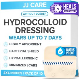 JJ CARE Hydrocolloid Dressing 4x4 [Pack 10], 0.8MM Thick Large Hydrocolloid Bandages w/o Border, Self-Adhesive Thin Hydrocolloid Wound Dressing, Wound Care Bandages for Bedsores and Blisters