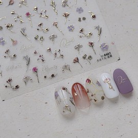 Flower Nail Art Stickers Decals 5D Flowers Nail Stickers Gold Edge Dried Flowers Nail Design Decals Elegant Floral Manicure Slider Spring Summer Self-Adhesive Nails Supplies for for Women