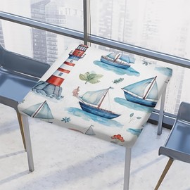 JXDXHCW Nautical Sailing Lighthouse Fitted Square Table Cover with Elastic Edged Tablecloth Card Table Cover, Wipeable Table Cover for Indoor Outdoor Dining Kitchen, Fit for 34"x34" Square Table