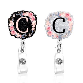 2 Pack A-Z Letter Badge Reels Holder Retractable with ID Clip for Nurse Name Tag Card Nursing for Doctor Teacher Student Employee Office Medical Work C