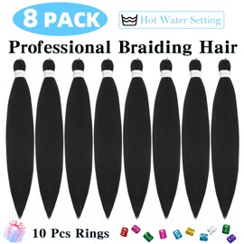 Braiding Hair 24 Inch 8 Pack Pre Stretched Braiding Hair Natural Black Professional Synthetic Prestretched Crochet Braids Hair Extension Itch Free Hot Water Setting Yaki Texture (24Inch,1B)