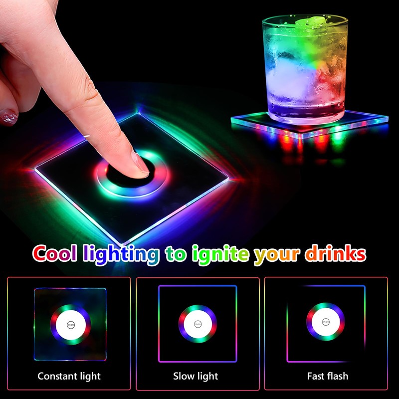 Pack of 6 Colourful LED Coasters, Square Luminous Coasters, 3