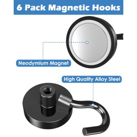 Lictin 6 Pack Magnetic Hooks, 80lb+ Extra Strong Magnet with Hook for Fridge, Heavy Duty Cruise Hook for Ceiling, Small Magnetic Holder (Black, 6PCS)