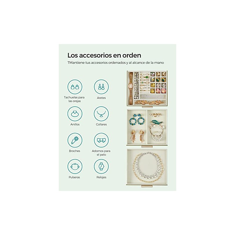 SONGMICS Caja de Joyas, 3 Niveles, Tapa de Cristal, 2