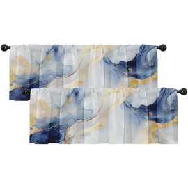 Emvency 2 Pack Valances Window Treatments, Blue Golden Marble Grey Abstract Blackout Drapes Adjustable Curtain for Windows Living Room Kitchen Over Sink, 18x52 Inch Rod Pocket Valances