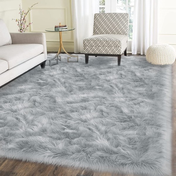 Latepis Grey 6x9 Area Rugs Faux Fur Sheepskin Rug for Living Room Fluffy Washable Rugs for Bedroom Teen Bedroom Decor Grey Furry Rug