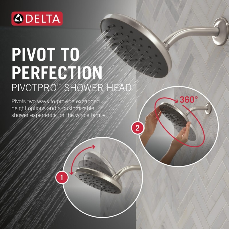 Delta PivotPro Brushed Nickel Rain Showerhead, Single Setting 7 Inch