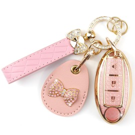 Rayslesan Key Fob Cover with Leather Holder Compatible with Airtag/RFID,Compatible with Nissan Rogue Armada Pathfinder Versa Juke Quest Sentra,RFID Protector,Car Key Accessories(3-Button, Gold Pink)