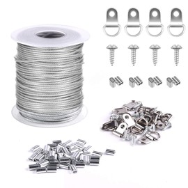 TUPARKA 1.5mm x 30m Picture Frame Hanging Wire 304 Stainless Steel Wire Spool with 30pcs Aluminum Crimping Loop and 15 Sets D-Ring Hangers (up to 55lbs)