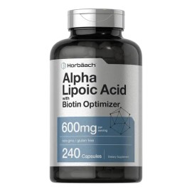 Horbäach Ácido alfa lipoico de 600 mg | 240 cápsulas | con optimizador de biotina | Suplemento sin OMG y sin gluten