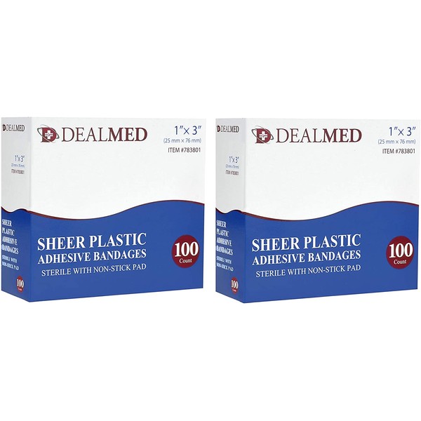 Dealmed Brand Flexible Sheer Plastic Adhesive Bandages, Sterile Non-Stick Pad for Minor Wound Care, 1" x 3", 200 Count