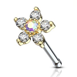 Autiga Nose Stud, Flower Nose Stud, Cubic Zirconia Crystals, Stainless Steel, Flower gold clear