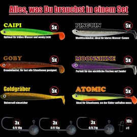 Paradox Fishing Zander Starter Box - 30 Rubber Fish 13 cm + 12 Jig Heads + 10 Snaps - Zander Bait Rubber Fish Set