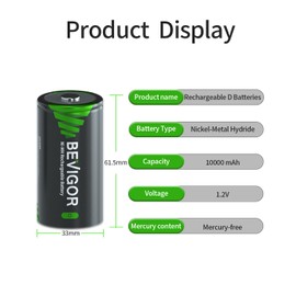 BEVIGOR 4 Pack 10000mAh Rechargeable D Batteries High Energy,Low Self-Discharge NiMH D-Cell Battery
