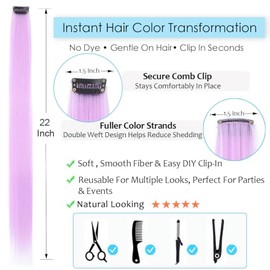 12 extensiones de cabello liso con clip de 22 pulgadas en morado pastel para niñas, con reflejos coloridos para fiestas y regalos (morado pastel)