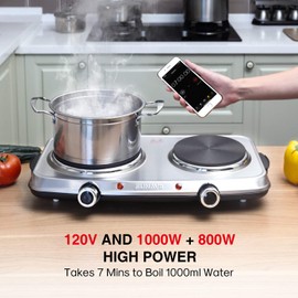 SUNAVO Hot Plates for Cooking, 1800W Electric Double Burner with Handles, 6 Power Levels Stainless Steel Hot Plate for Kitchen Camping RV Cast Iron
