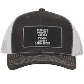World's Okayest Harbor Police Launch Commander - Leather Black Patch Engraved Trucker Hat, Grey-White, One Size
