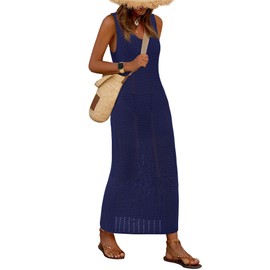 BTFBM Crochet Swimsuit Coverup for Women Summer Spring 2025 Swimwear Bathing Suit Cover Up Beach Dress Vacation Outfits(Navy, Medium)