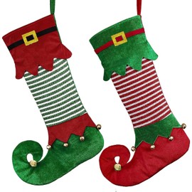 Norhogo Pack of 2 Red Green Elf Christmas Stockings, Fabric Santa Stocking Christmas Decoration Christmas Socks for Filling and Hanging for Fireplace, Shop Window, Christmas Tree (56 x 18 cm)