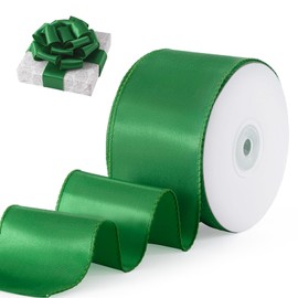 FAKILO Green Satin Wired Ribbon 2.5 Inch X 20 Yards Green Wired Christmas Ribbon for Gift Wrapping Christmas Tree Decoration Bows Making Wreath DIY Crafts Holiday Decor and Home Decor