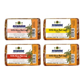 AKWAABA 4 Pack - African Black Soap Bars (Honey, Papaya, Carrot, Turmeric)- Dark Spot Remover Collection - 100% African Black Soap Cleansing & Moisturizing 16oz (Pack of 4)