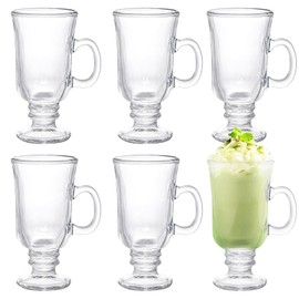 Set of 6 Irish Coffee Mugs, 8.8 Oz Irish Coffee Glasses Glass Cup with Handle & Footed Stem Base, Clear Glass Mugs Glass Espresso Cups for Coffee, Hot Cold Beverages, Tea, Latte, Cappuccino, Smoothie